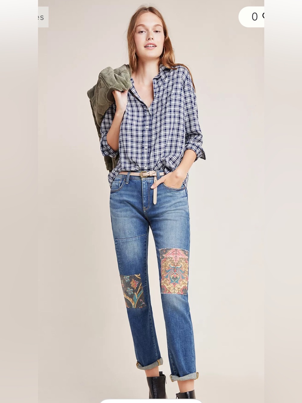 Pilcro Blue Boyfriend Jeans with Floral Patchwork Knees - Picture 1 of 8